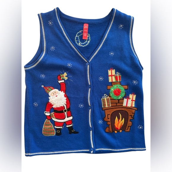 Ugly Christmas Vest Sweater Lady Sz Lg 12-14 Blue Presents Stars Santa - Picture 1 of 6